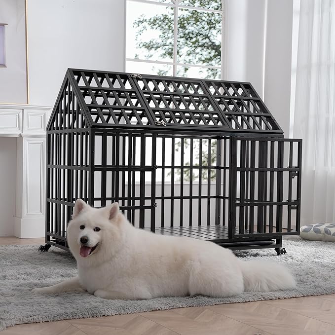 52" Metal Dog Cage with 4 Lockable Wheels, Heavy Duty Dog Kennel with Doors and Roof for Large Dogs, Black