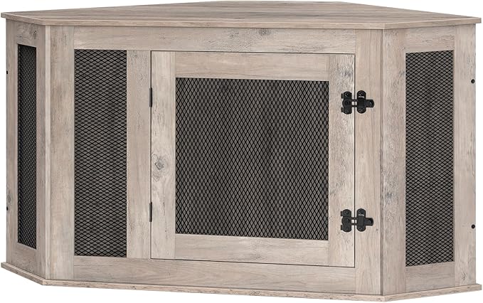 Corner Dog Crate Furniture, Wooden Dog Kennel End Table, Decorative Pet Crate Indoor Use, Furniture Style Dog House for Small Medium Dog, Dog Cage TV Stand, Greige and Black DCHG0801