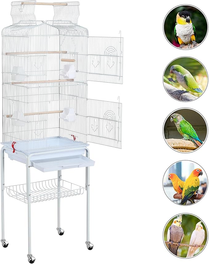 Yaheetech 64-inch Open Play Top Bird Cages for Parakeets Cockatiels Finches Lovebirds Canaries Conures Budgies Parrot Birdcage w/Detachable Rolling Stand, White