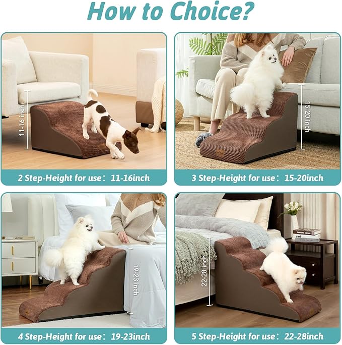 Dog Stairs for Chair, Small Dogs Steps for Cat, Sofa or Couch, Pet Ramp with Leakproof Cover, Lightweight, High Density Foam, Non-Slip, Durable, 15.7x19.7x11.8in, 2 Tiers, Brown