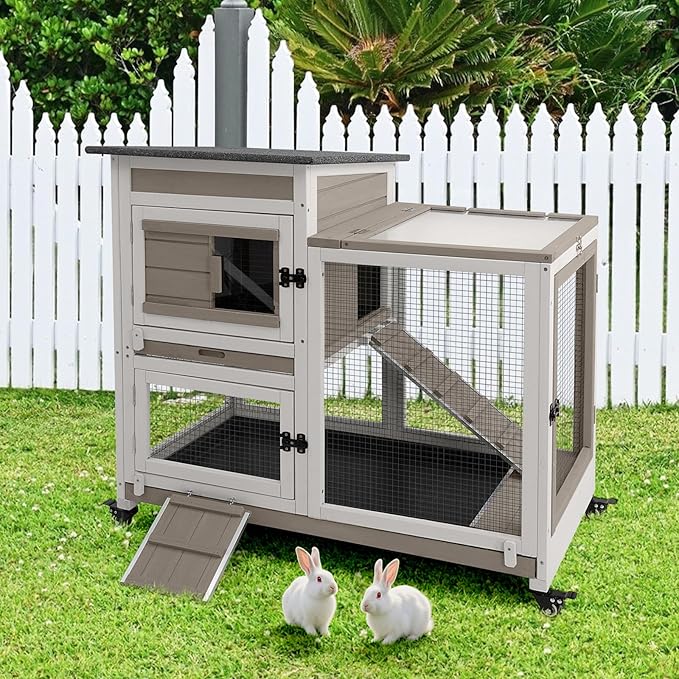 2 Story Rabbit Hutch Indoor with 2 Deeper Pull-Out Trays, Wooden Rabbit Cage with 4 Lockable Wheels, Ramp, Chew-Anti Metal Strip for Rabbit, Guinea Pig, Hamster(40.2" L X 23.2" W X 36.6" H)