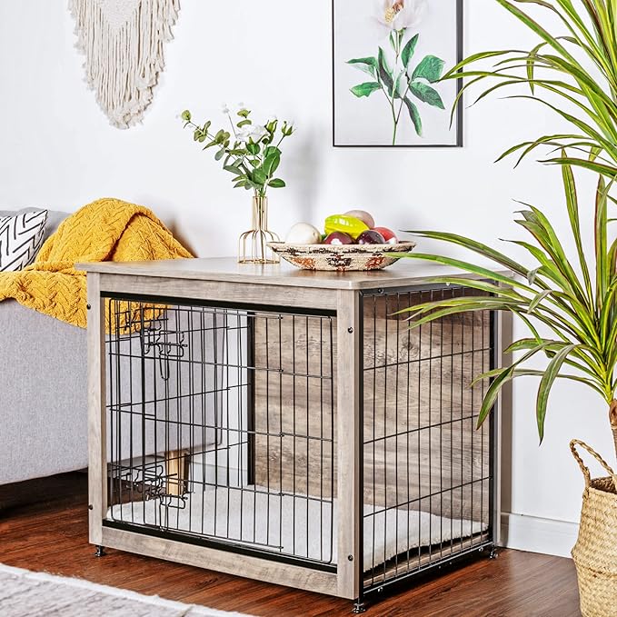 DWANTON Dog Crate Furniture with Cushion, Wooden Dog Crate with Double Doors, Dog Furniture, Indoor Dog Kennelï¼_nd Table, Medium, 32.5" L, Greige