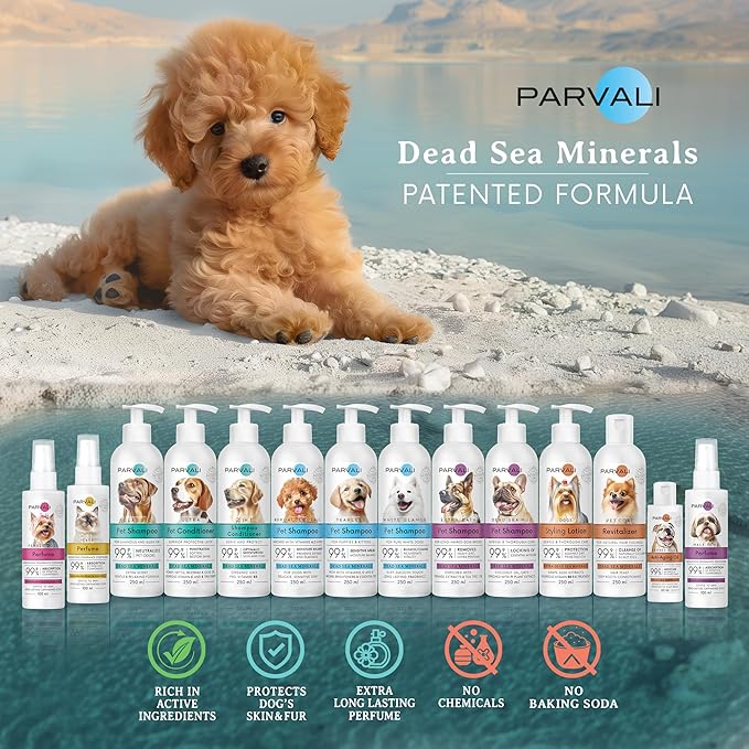 Natural Dead Sea Hypoallergenic Pet Shampoo (250 ml, 8.45 fl oz). for Puppies, Kittens or Seniors with Allergies or Sensitive, Delicate Skin. Minerals Rich, Extra-Scented Formula. Enjoy!