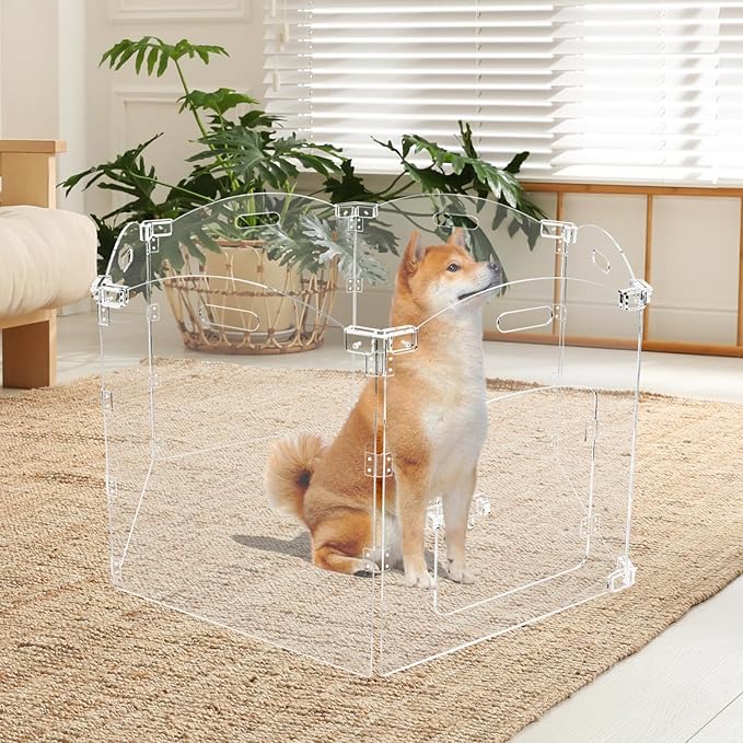 Acrylic Dog Gate for The House 6 Panel 120" W x 24" H Foldable Dog Playpen Indoor with Handles, Free-Standing Pet Gates Clear Dog Pen for Dogs Puppy Cat Rabbit Accessories with Door