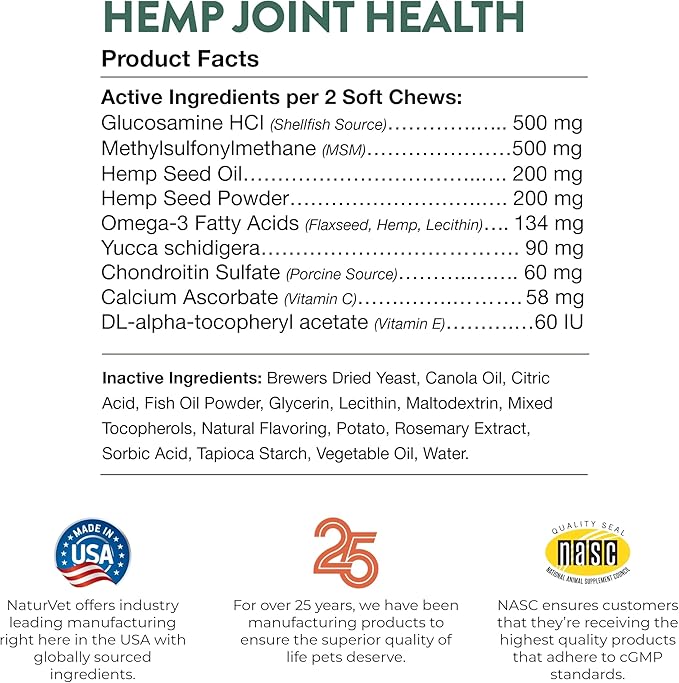 NaturVet Hemp Joint Health Hip & Joint Support Dog Supplement Soft Chew Supplements for Dogs with Glucosamine, MSM, Chondroitin, Omega 3, Vitamins, Antioxidants 240 Ct.