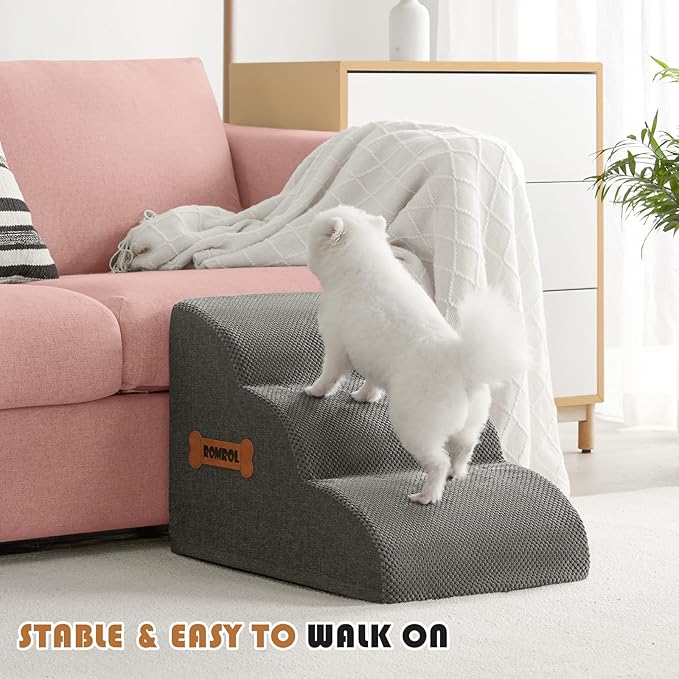 Romrol Dog Stairs Ramp for Beds Couches, Extra Wide Pet Steps with Durable Non-Slip Waterproof Fabric Cover, Dog Slope Stairs for Small Dogs and Cats or Pets Friendly, 3-Tiers