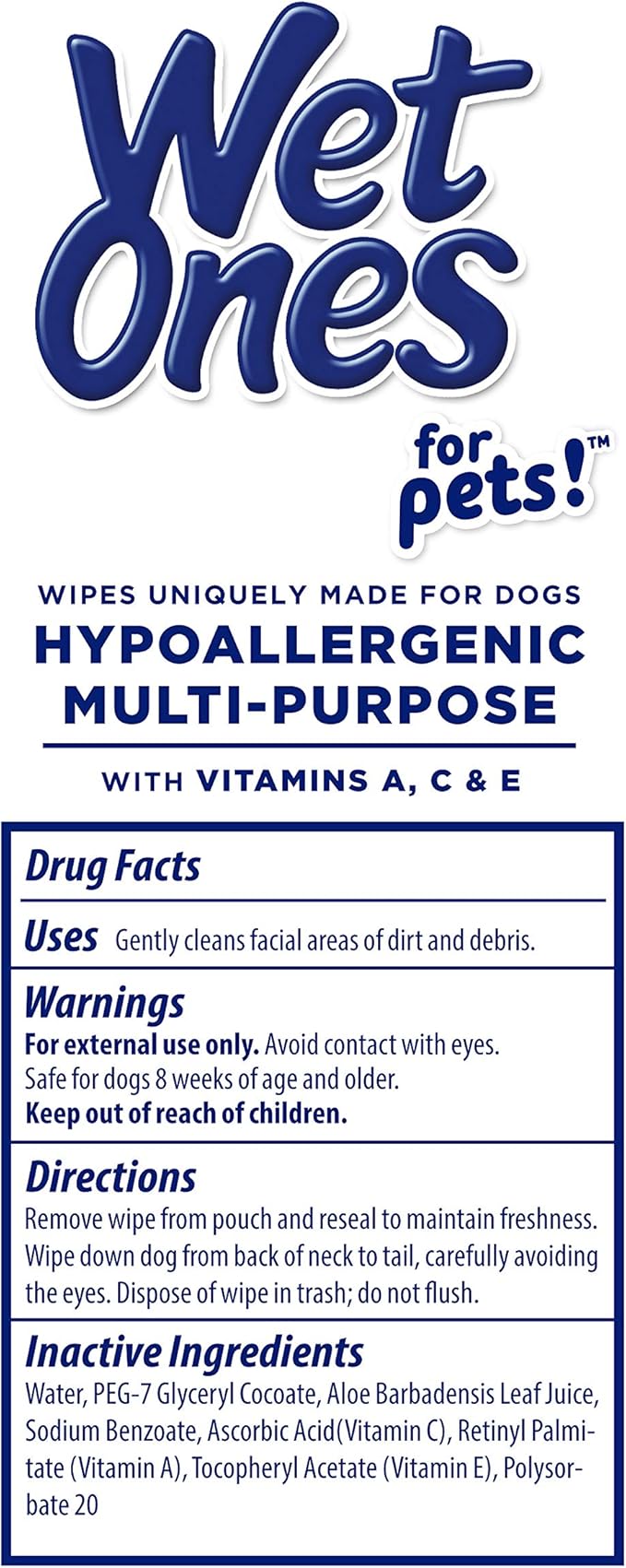Wet Ones for Pets Hypoallergenic Multi-Purpose Dog Wipes with Vitamins A, C & E, 50 Count - 12 Pack | Fragrance-Free Hypoallergenic Dog Wipes for All Dogs Wipes Multipurpose (FF14365PCS12)
