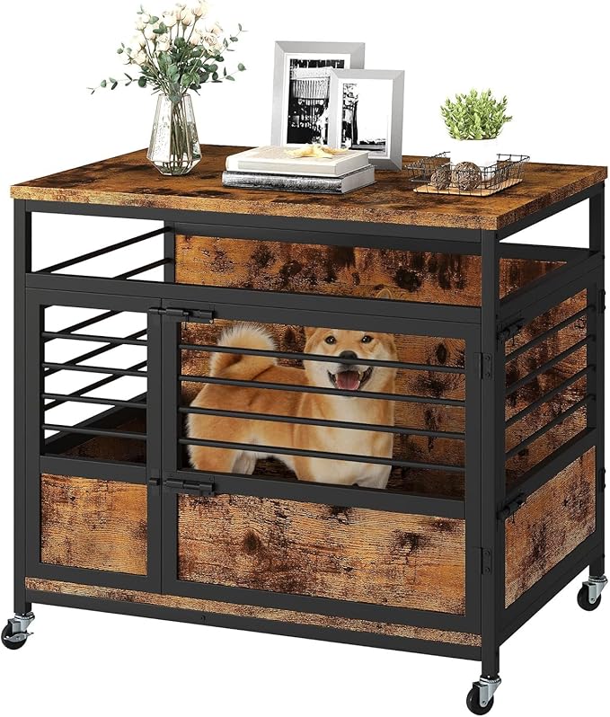 DWVO Dog Crate Furniture, 32 Inch Dog Kennel Indoor Furniture End Table Dog Crate for Dogs, Modern Decorative Dog Crate Wooden Dog Crate Furniture with Wheels, Chew-Resistant, Rustic Brown