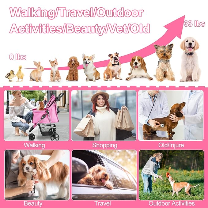 Dog Stroller for Small Dogs, Portable Pet Stroller for Cats Folding Puppy Stroller Lightweight Dog Cat Cage Jogger Stroller with Storage Basket and Cup Holder, 3 Wheels, Pink