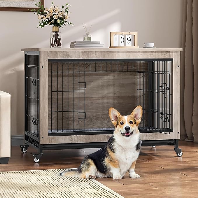 DWVO Dog Kennel Furniture with Cushion, 38" Wooden Dog Crate Furniture with Wheels, Dog Crate End Table with Tray, Dog Cage with Double Doors for Small/Medium Dog (Grey)