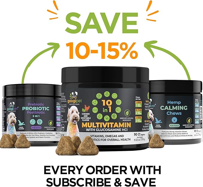 Googipet Premium 10 in 1 Dog Vitamins Multivitamin Chewable with Probiotics for Gut Health, Dog Vitamins and Supplements w/Vitamin C & Glucosamine for Joint Support (Peanut Butter & Pumpkin Flavor)
