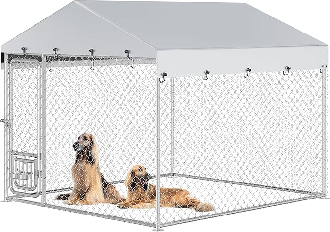 DWVO 7.5'x7.5' Large Dog Kennel Outdoor with Rotating Feeder Bowls, Outdoor Dog Pens with Roof, Heavy Duty Dog Cage for Medium Large Dogs