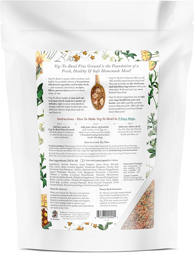 Dr. Harvey's Veg-to-Bowl Fine Ground Dog Food, Human Grade Dehydrated Base Mix for Dogs, Grain Free Holistic Mix for Small Dogs (3 Pounds)