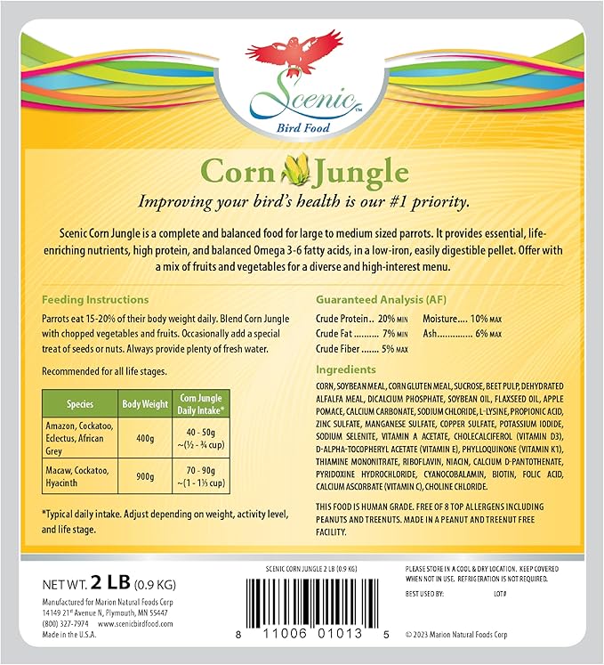 Scenic Corn Jungle Premium Parrot Food - Natural Flavors, High Protein, Low Iron Bird Pellets for Large Parrots, Macaw Food, Cockatoo & African Grey Parrots, Omega 3, Vitamins, Minerals, 2 LB