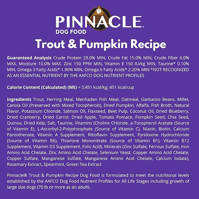 Pinnacle Trout & Pumpkin Dry Dog Food 4 lb, Infused with Broth