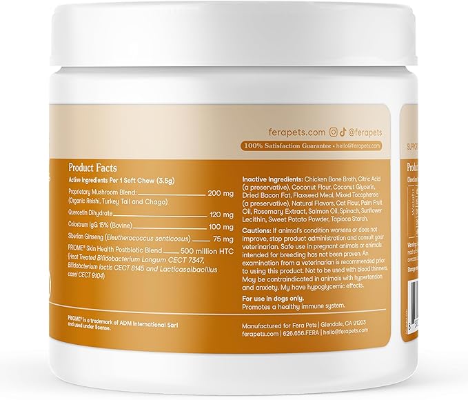 Fera Pets Dog Allergy Chews Allergy Relief & Itching Skin Relief Immune & Gut Support with Organic Mushrooms, Postbiotics & Colostrum Promotes Skin Health 90 Soft Chews