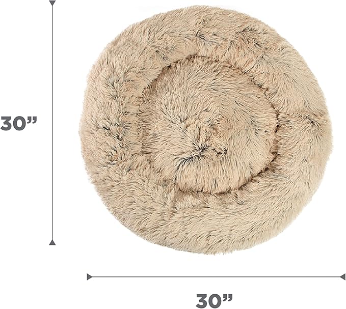 Best Friends by Sheri Original Calming Donut Dog and Cat Bed, Shag Faux Fur, Taupe, (30in x 30in) - Anxiety Relief for Pets Up to 45 lbs