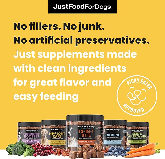 JustFoodForDogs Hip + Joint Soft Chews Mobility Supplement for Dogs with Glucosamine and Chondroitin, Superfood Blend, Human Grade, Plant-Based - 45 Count