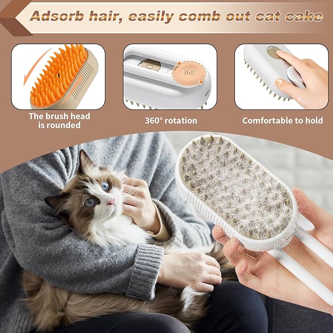 Steamy Cat Brush,3 In 1 Steamy Pet Brush,Cat Hair Brush With Steamer,Cat Comb With Steam,Cat Steamer Brush For Shedding,Steam Brush For Pets (white)