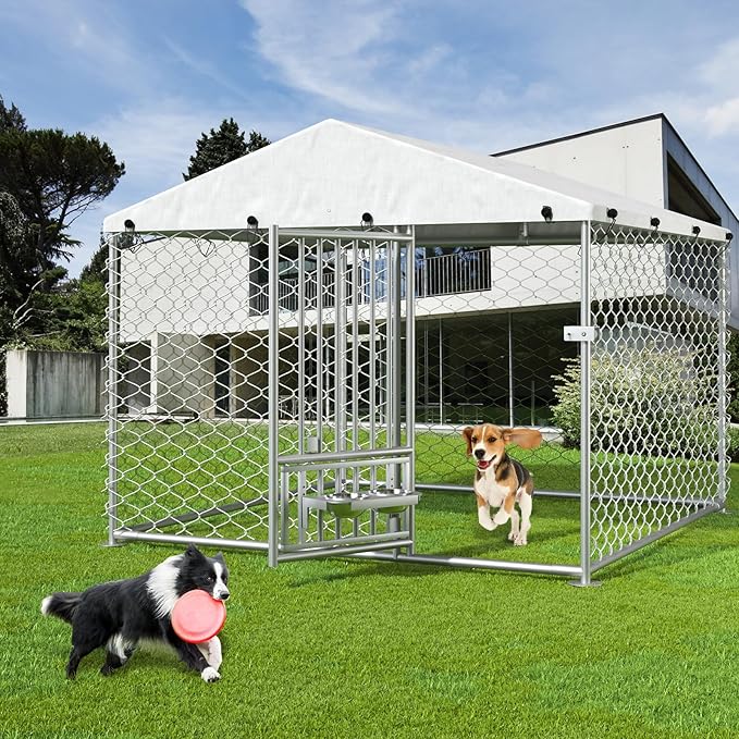 6.7 x 6.7 ft Dog Kennel Outside - Outdoor Dog Kennel with Roof, Heavy Duty Outdoor Dog Kennel with Rotating Feeding Bowls, for Medium Small Dogs