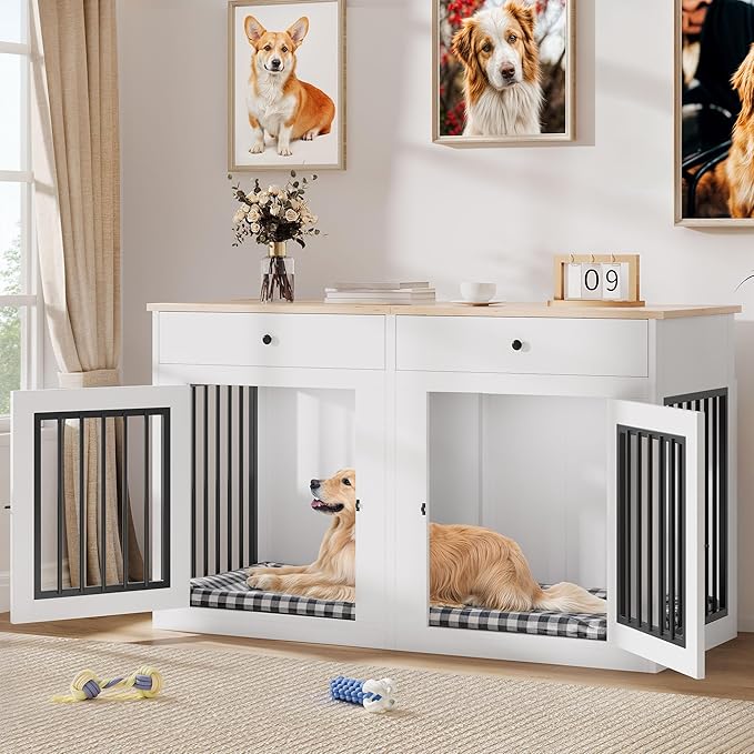 YITAHOME 60" Wooden Dog Crate Furniture with Removable Divider & Storage Drawers, Double Door Kennel with Locks for Medium and Large Dogs, Multi-Functional Dog Crate End Table for Indoor use, White