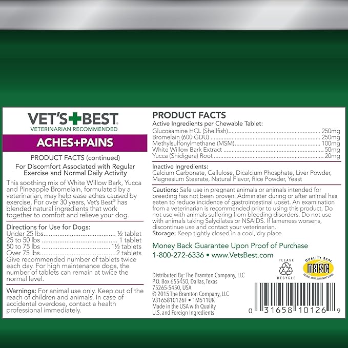 Vet’s Best Dog Pain Relief Supplement, Natural Aspirin Alternative for Hip & Joint Support, Arthritis & Aches Relief Tablets for Dogs, 150 Count