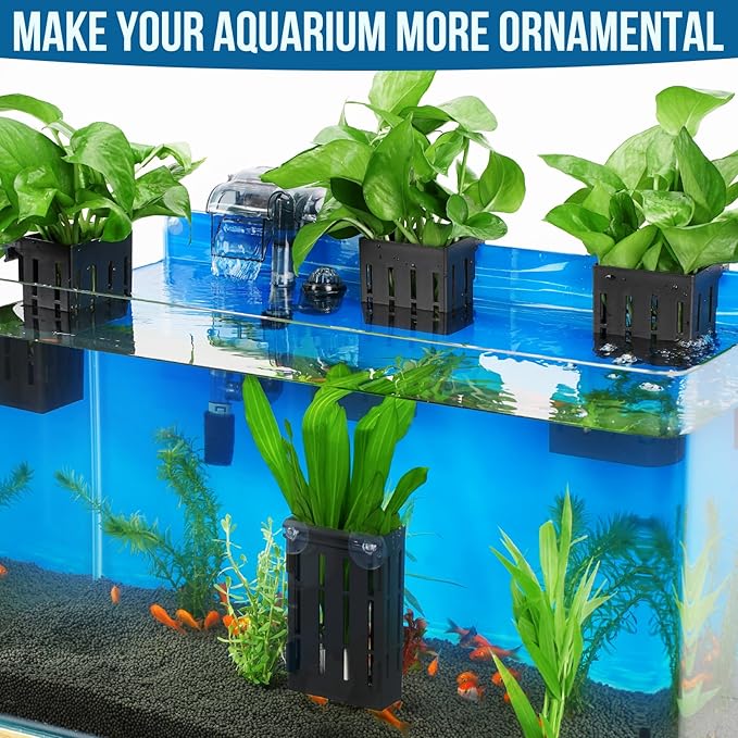 Upgraded Large Aquarium Plant Holder with Hooks and Suction Cups for Fish Tank Aquaponic Plant Cultivation and Aquascape Decorations (Black)