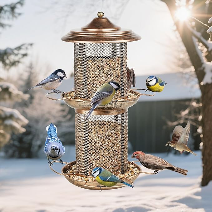 Bird Feeder for Outdoors, Double Layered Circular Tower Birdfeeder, Metal Bird Feeders with Cover Fixing Buckle for Outside Hanging, 4Lbs Capacity