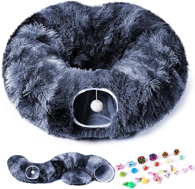Odoland Cat Tunnel Bed with 20 Cat Toys - Indoor Plush Kitten Couch,Detachable Cats Cave Donut Tunnel & Soft Kitten Toy Set-Cozy Cat Furniture Blue