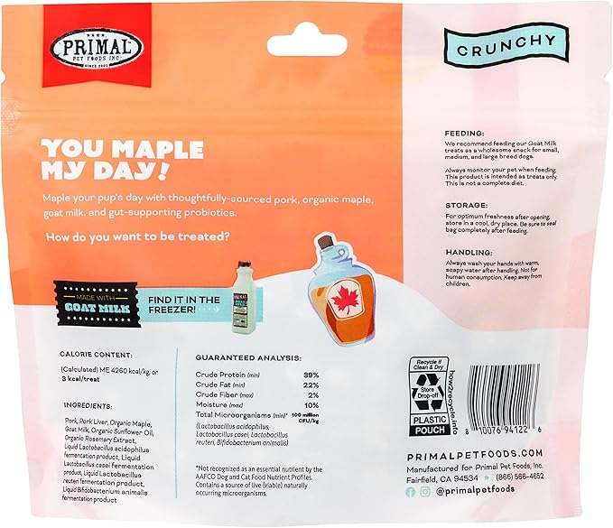 Primal Freeze Dried Dog Treats; Pork & Maple Dog Treats with Goat Milk for Dogs, You Maple My Day, Grain Free Training Treats for Dogs with Probiotics, 2 oz