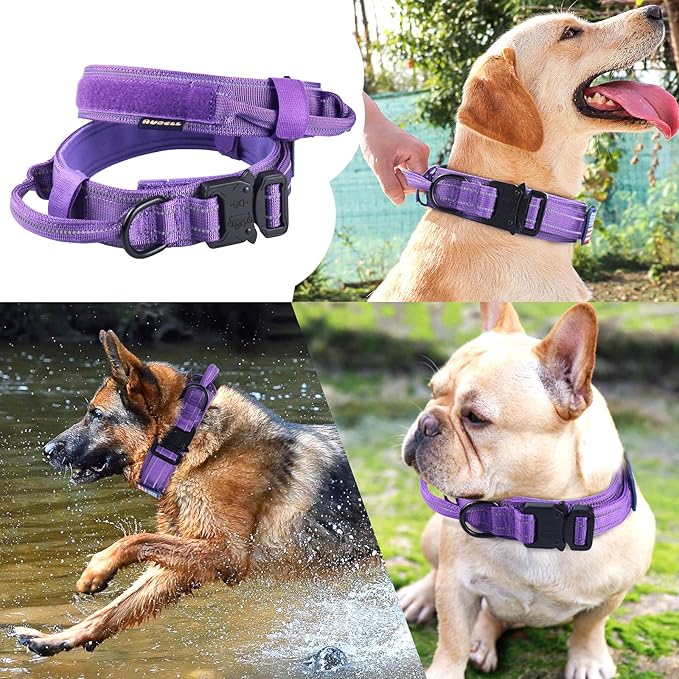 AUBELL Reflective Dog Collar, Tactical Dog Collar for Large Dogs, Heavy Duty Dog Collars with Control Handle and Metal Buckle for Medium Dogs, with Airtag Case and 2 Patches (Purple, L)