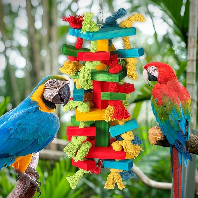 Bird Toys for Large Parrots Natural Wood Block Chewing Toy for Macaws, Cockatoos, African Greys Parrot Cage Hanging Bite Toy for Beak Exercise and Entertainment