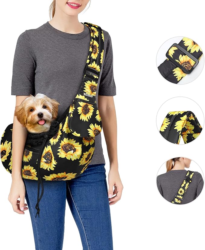 MOSISO Dog Cat Carrier Sling Bag, Small Pet Carrier Sunflower Tote Bag Hands Free Adjustable Padded Strap Breathable Polyester Soft Carrying Travel Shoulder Bag with Front Pocket for Dogs Cats, Black