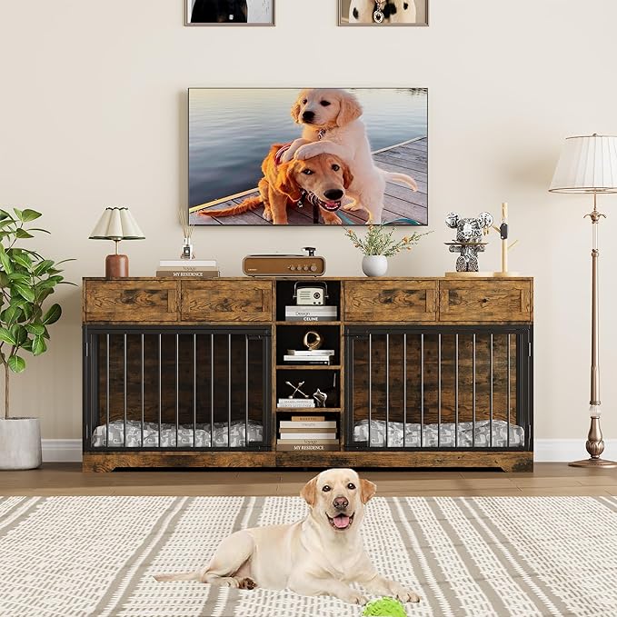 IDEALHOUSE 82 Large Dog Crate for 2 Dogs, Dog Kennel Indoor with 4 Drawers and Shelves, Double Dog Crate Furniture TV Stand, Wooden Dog Cage for Medium Large Dogs, Brown