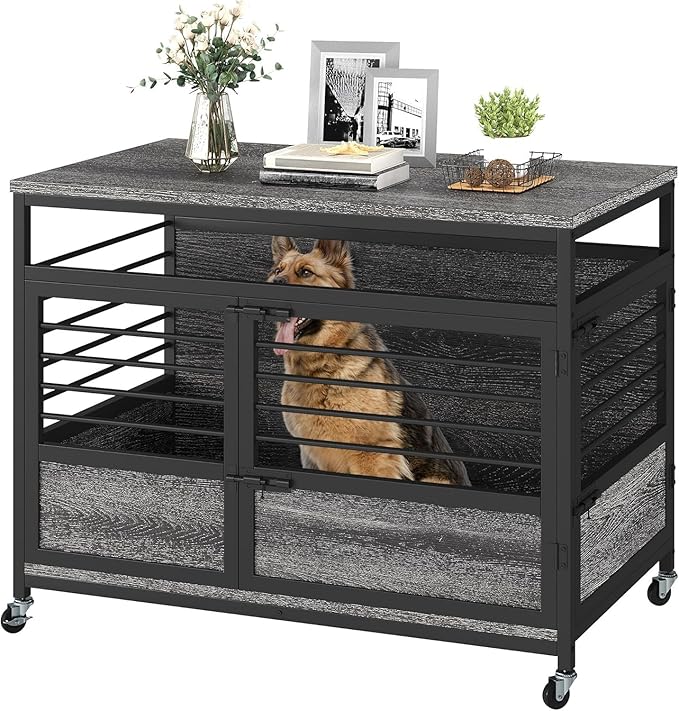 DWVO Dog Crate Furniture, 39 Inch Dog Kennel Indoor Furniture End Table for Dogs, Modern Decorative Wooden Cage with Wheels, Chew-Resistant, Dark Grey