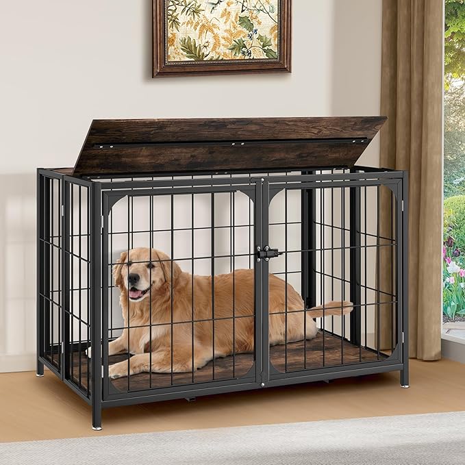 Himix Dog Crate Furniture, XL Dog Crate Furniture for Large Medium Dogs, Wood Dog Crate Table with Sturdy Metal, Heavy Duty Dog Kennel Indoor 40.15''x 25''x 27.56'' (Rustic Brown)