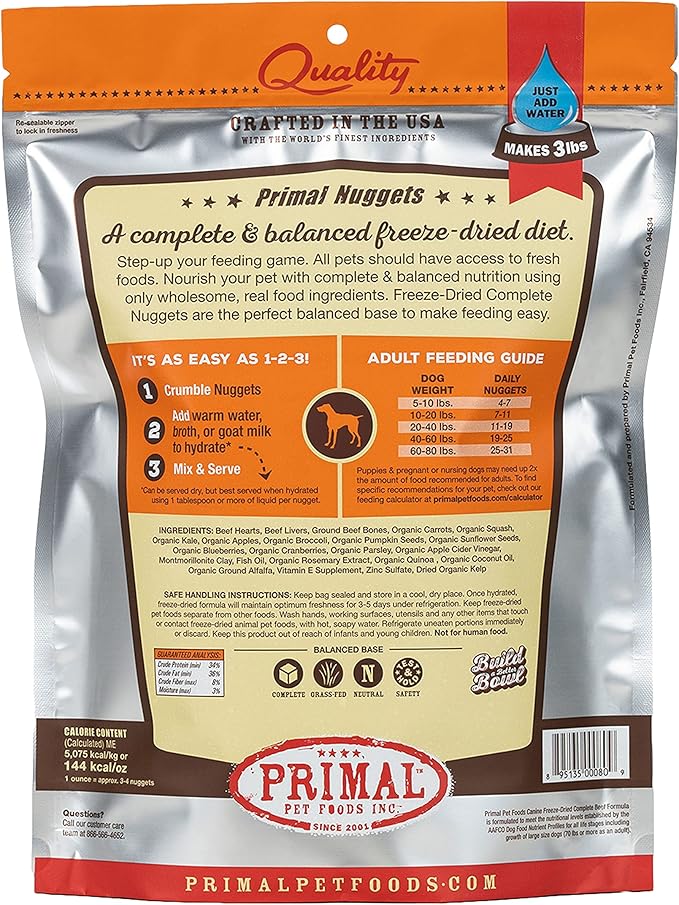 Primal Freeze Dried Raw Dog Food Nuggets, Beef, Complete & Balanced Meal, Also Use as Topper or Treat, Premium, Healthy, Grain Free, High Protein Raw Dog Food, 14 oz (Pack of 2)