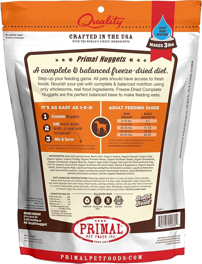 Primal Freeze Dried Dog Food Nuggets, Beef; Complete & Balanced Meal; Also Use as Topper or Treat; Premium, Healthy, Grain Free, High Protein Raw Dog Food, 14 oz (Pack of 4)
