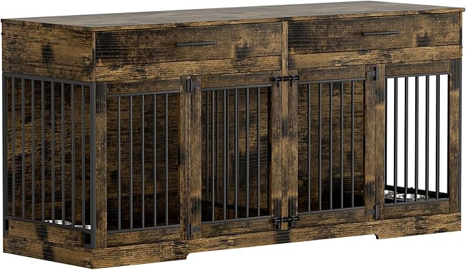 Rophefx 72" Dog Crate Furniture for 2 Dogs, Large Dog Kennel Furniture with 2 Storage Drawer and 4 Bowls, Wooden Dog Cage with Removable Divider, Indoor Dog House TV Stand for Medium Dog, Rustic Brown