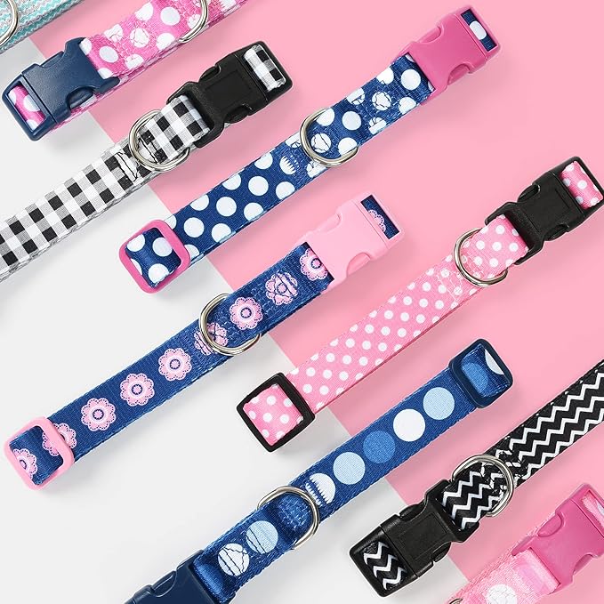 Mile High Life Dog Collar | Cute Puppy Collars | Lightweight Girl Dog Collar | Soft Boy Dog Collars | w Geometric Plaid Wave Line Pattern (Pink Dots, Small)
