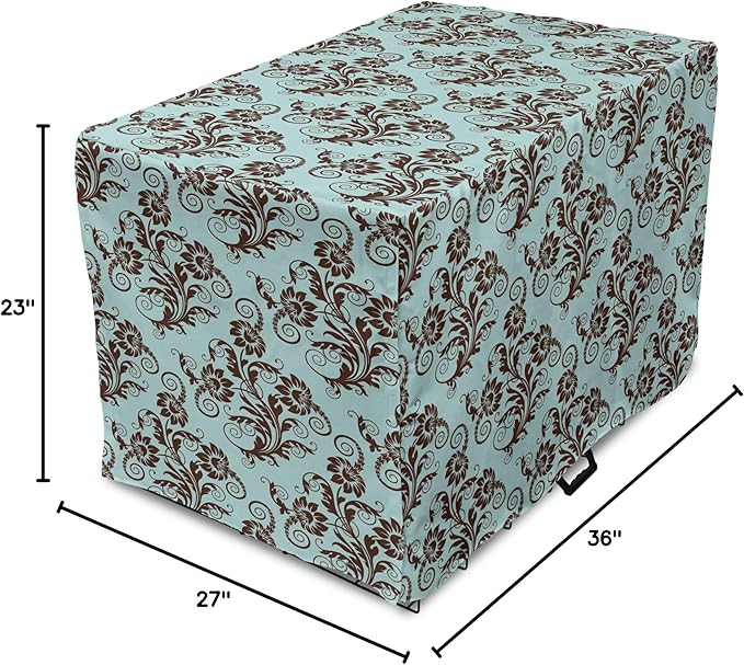 Ambesonne Art Nouveau Dog Crate Cover, Vintage Swirls Vibrant Foliage Damask Style Classic Renaissance, Easy to Use Pet Kennel Cover for Medium Large Dogs, 36 Inch, Seal Brown and Pale Blue