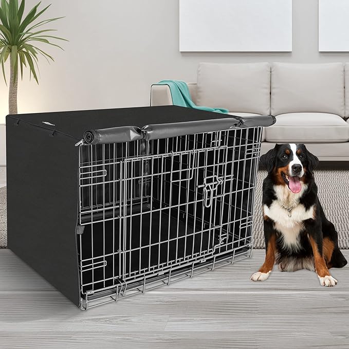 48 Inche Dog Crate Cover, Double Door Dogs Kennel Covers for Large Wire Crate, Lightweight 600D Polyester Windproof, Cover Only, Black