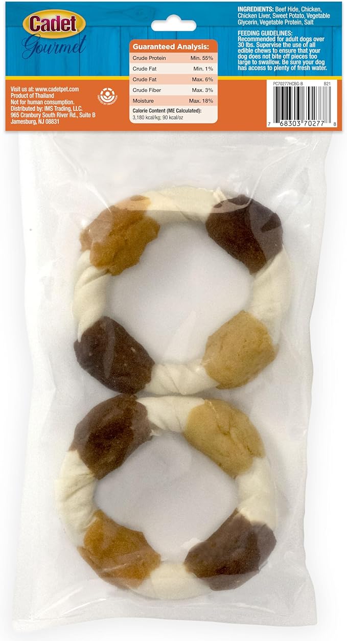 Cadet Gourmet Triple-Flavored Ring - Beef Hide Kabob Dog Treats - Healthy & Natural Chicken, Liver, & Sweet Potato Dog Treats for Dogs Over 30 lbs. (2 Count)