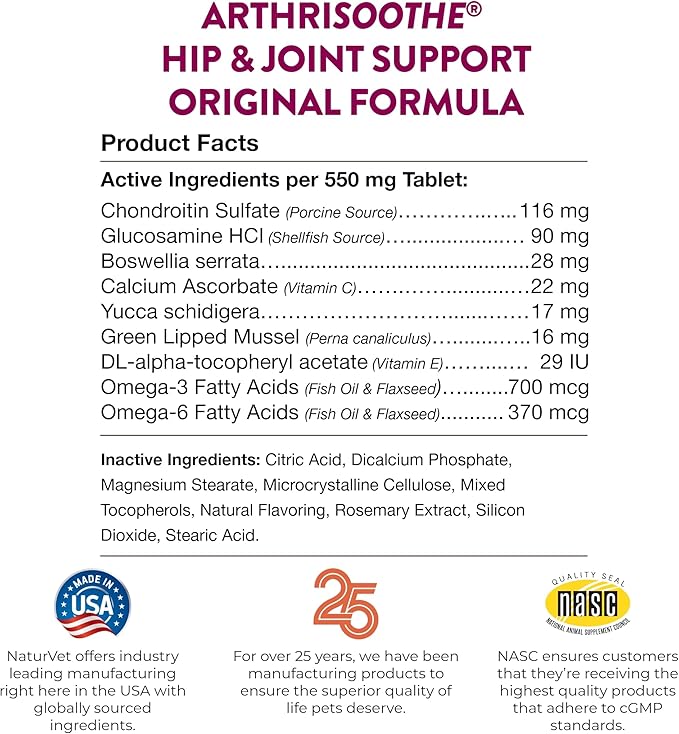 NaturVet ArthriSoothe Hip & Joint Formula Pet Supplement for Dogs & Cats Includes Glucosamine, MSM, Chondroitin, Boswellia, Green Lipped Mussel Supports HIPS, Joints 250 Ct.