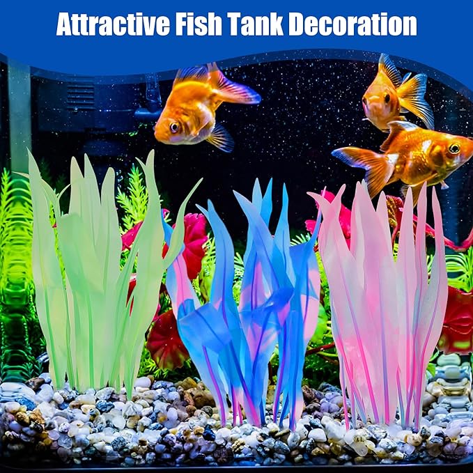 Kaiyuan Dynasty 2pc Aquarium Decor Plastic Plants Fish Tank Artificial Plants Glowing Aquarium Kelp Move with Water Flows Soft Silicone Aquatic Seaweed,7inch,Pink
