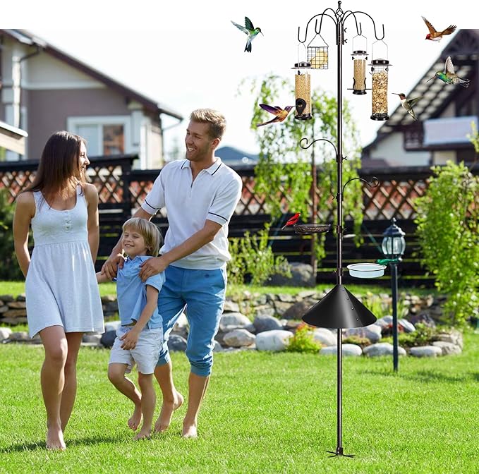 6-Hook Bird Feeding Station Kit Wild Bird Feeder Stand Pole, Multi-Feeder Hanging Kit Stand with Water Bowl, Mesh Tray and Squirrel Guard Baffle, 94 Inch