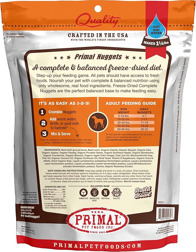 Primal Freeze Dried Raw Dog Food Nuggets, Beef, Complete & Balanced Meal, Also Use as Topper or Treat, Premium, Healthy, Grain Free, High Protein Raw Dog Food, 5.5 oz