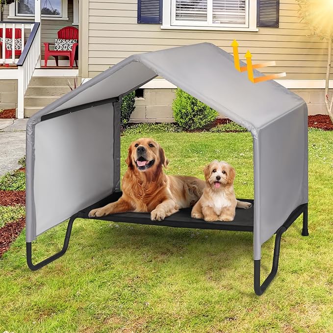Dog Shade Shelter Outdoor Tent for Small Medium Large Dogs, Waterproof Sun Protection Dog Tent with Bed, Outside Sun Rain Canopy Pet House for Dogs Cats Livestock, Grey, 39.8x39.8x41.3 in