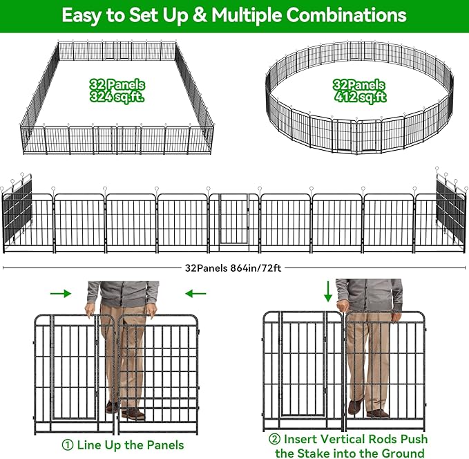 Dog Playpen Outdoor 32 Panels Heavy Duty Dog Fence 47" Height with Thick Pipe Anti-Rust with Doors Portable for RV Camping Yard, Total 72FT, 412 Sq.ft, Snowy Black