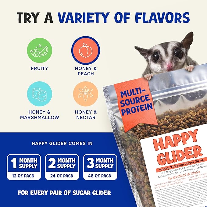 Happy Glider Sugar Glider Food - Honey & Peach | 3 lbs of Premium Food for Sugar Gliders and Small Animals - 4 Months Supply